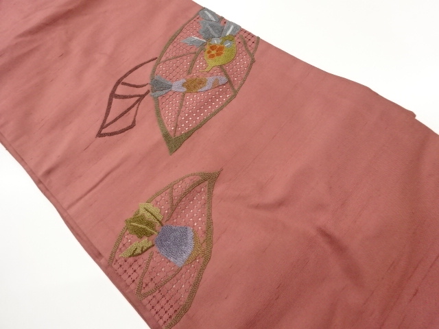JAPANESE NAGOYA OBI / TSUMUGI / EMBROIDERY / LEAVES